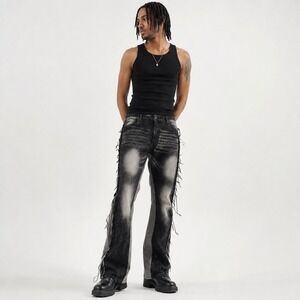 Legendary Status Mens Stacked Fit Frayed Fringe Jeans Black Wash Size 48 Stretch